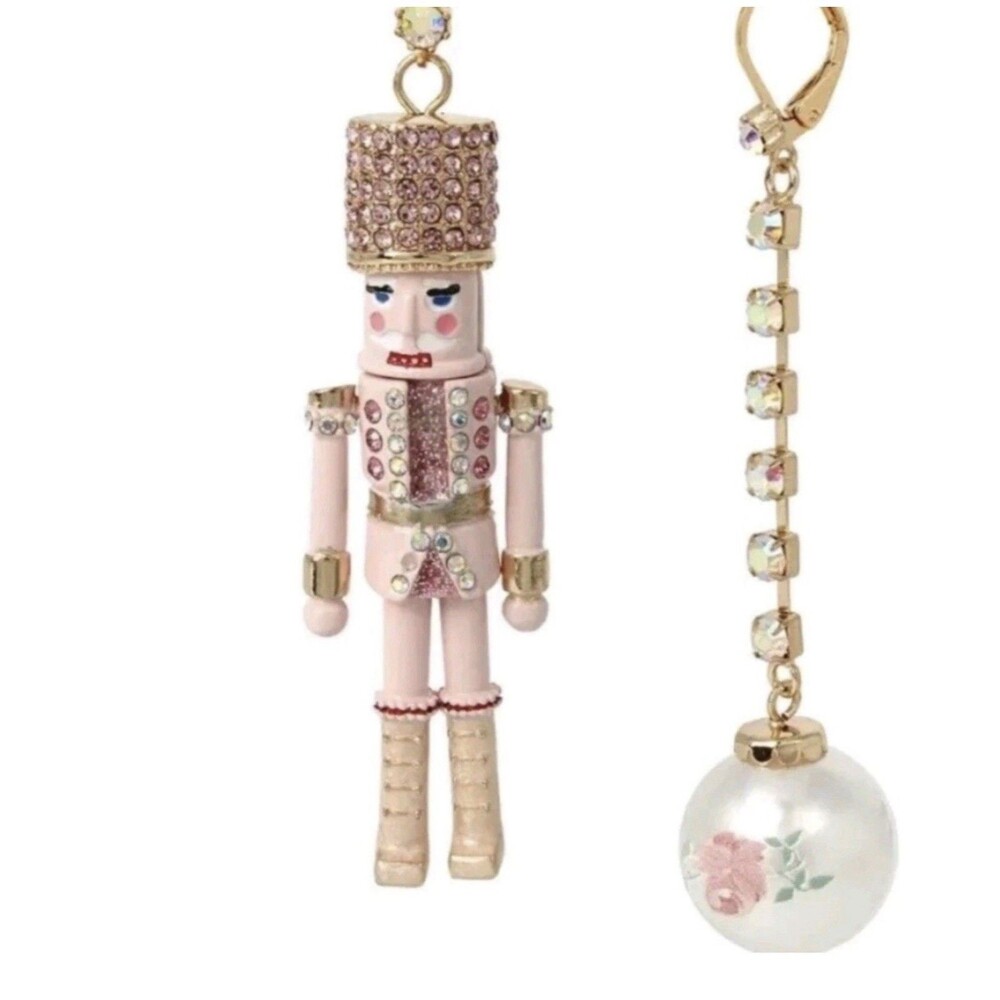 Betsey Johnson Pink Nutcracker Dangle Earrings Mismatch Christmas Holiday NWT